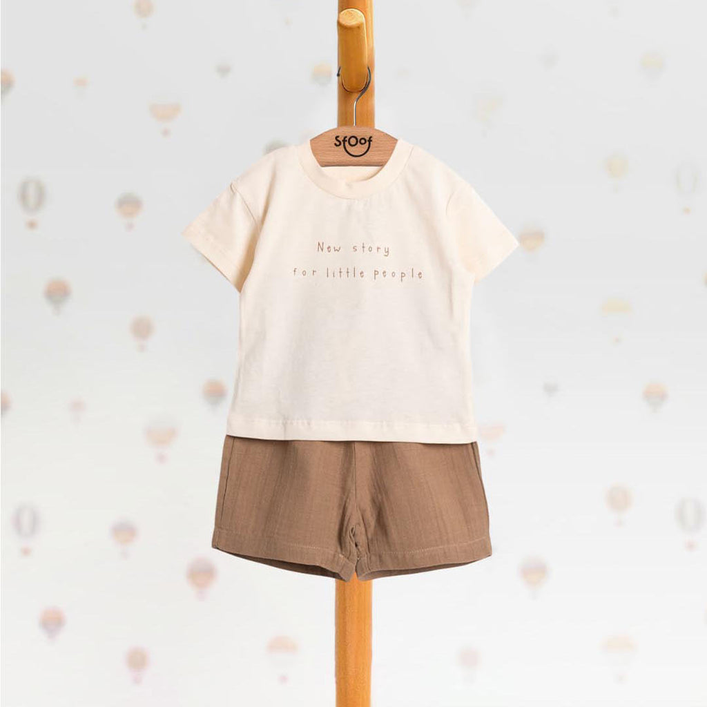 Unisex Little People Cotton Set, Linen Shorts in Brown (2pcs) 1-4y