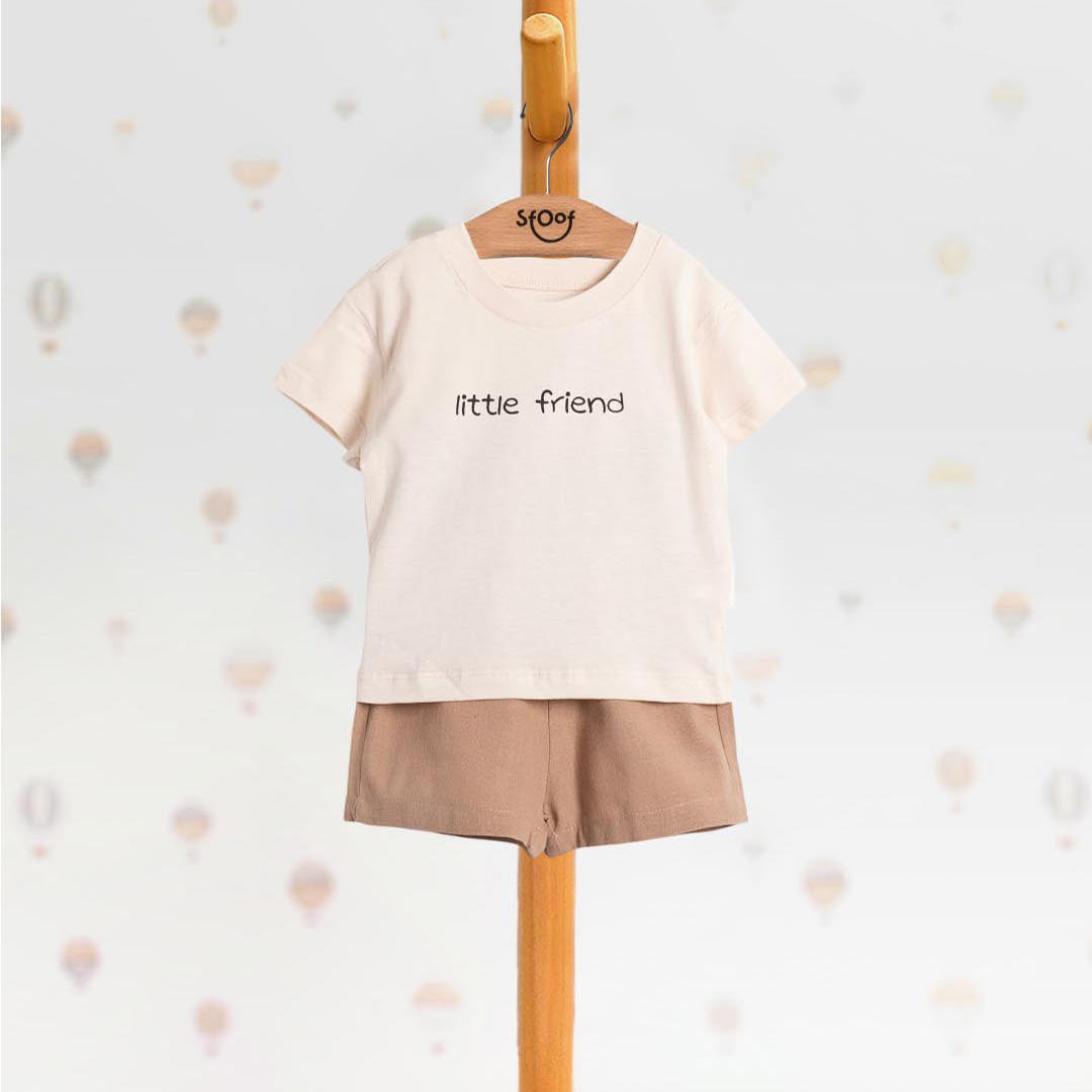 Unisex Little Friend Cotton Set, Linen Shorts in Brown (2pcs) 1-4y