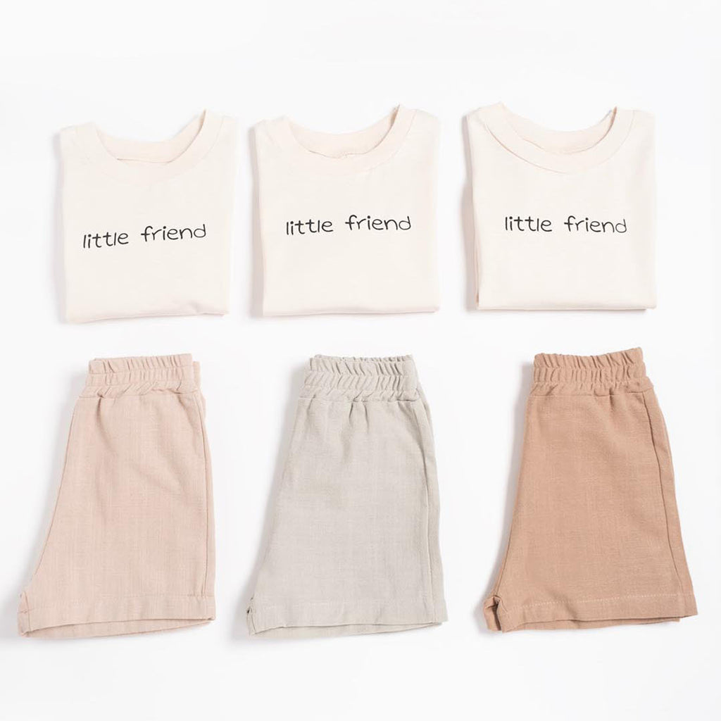 Unisex Little Friend Cotton Set, Linen Shorts in Brown (2pcs) 1-4y