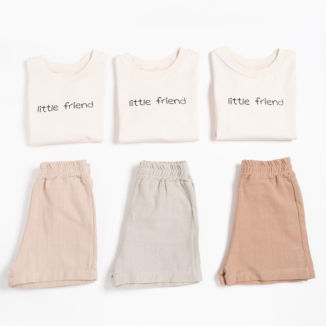Unisex Little Friend Cotton Set, Linen Shorts in Cream (2pcs) 1-4y