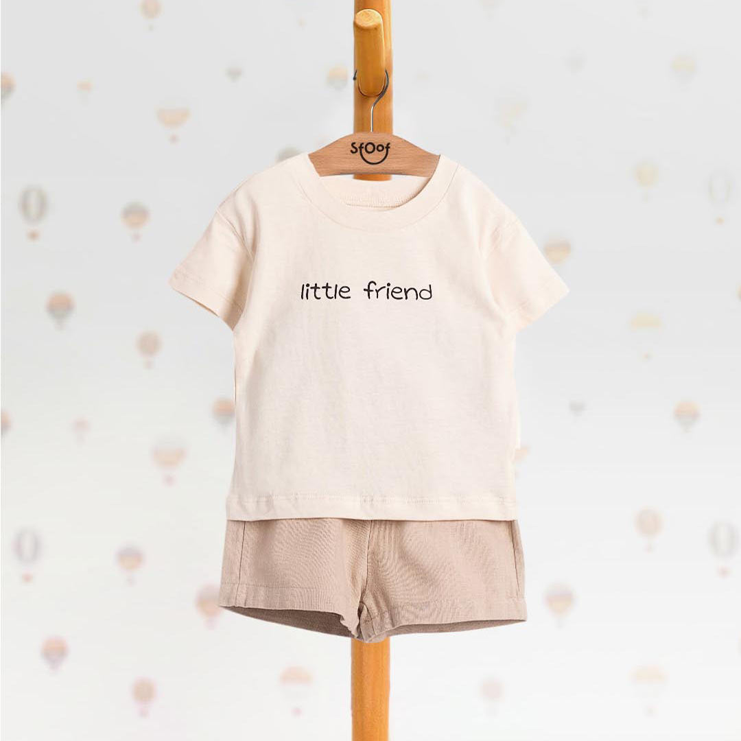 Unisex Little Friend Cotton Set, Linen Shorts in Cream (2pcs) 1-4y