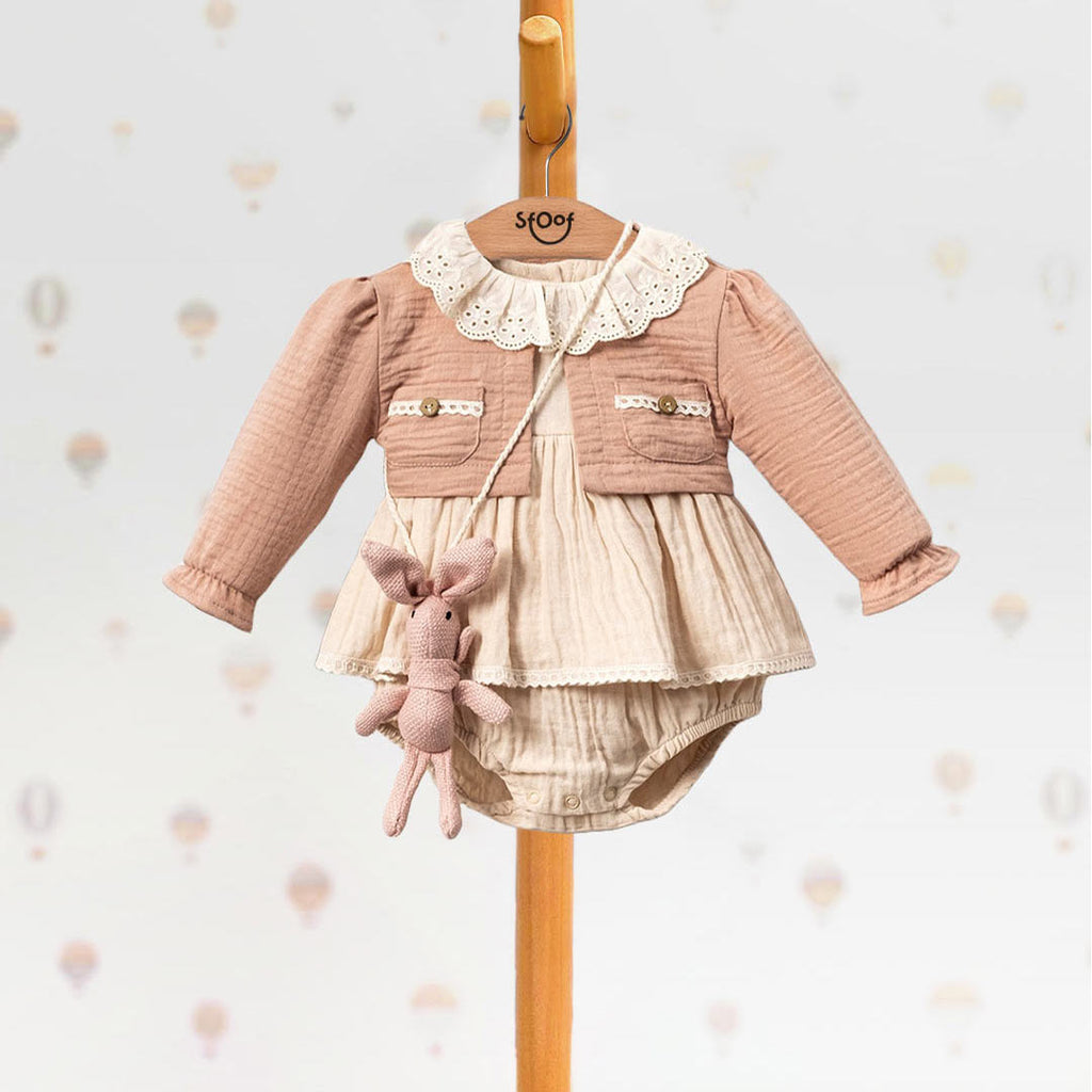 Romper Dress, Cardigan, & Crossbody Plush (3pcs) 6-18m