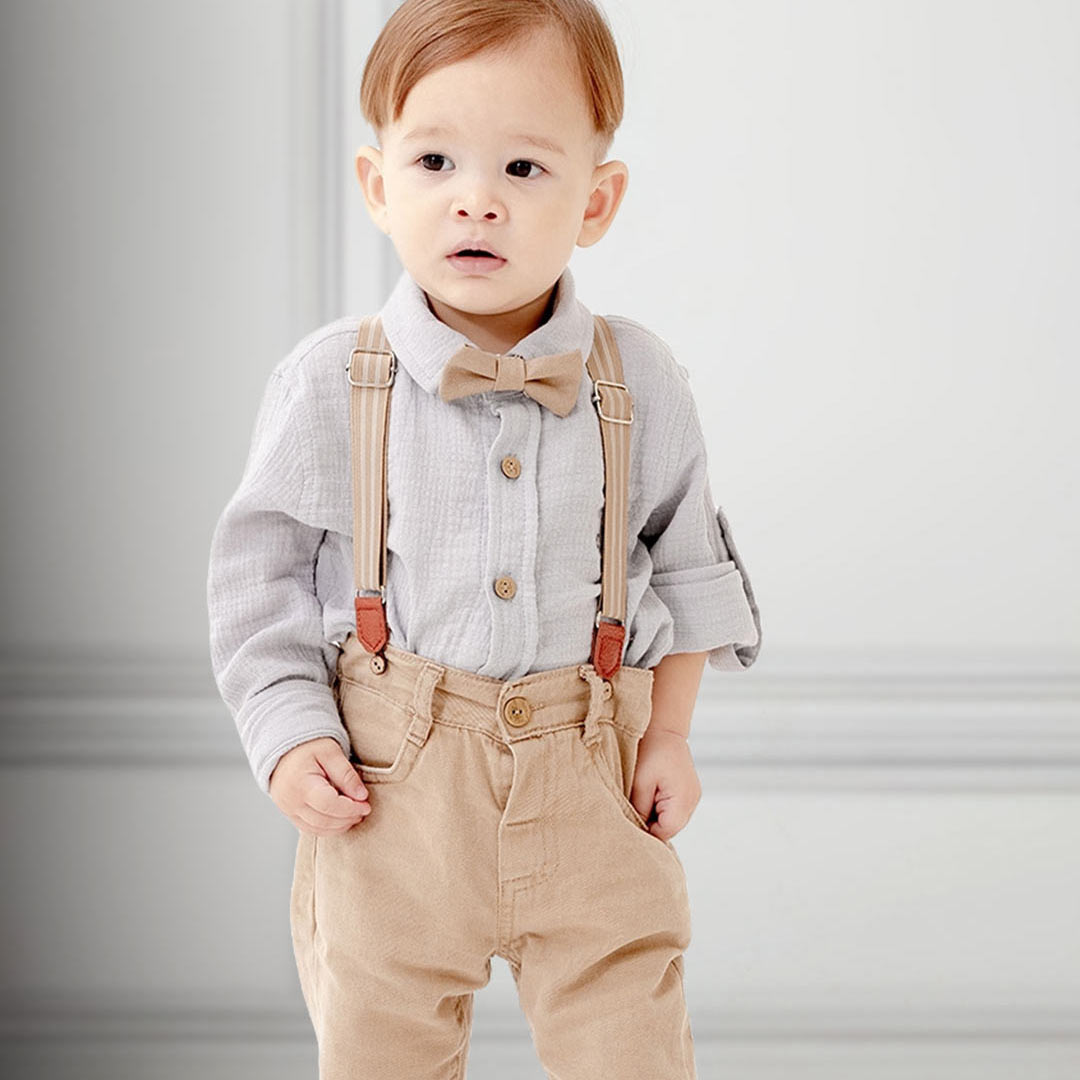Muslin Shirt, Bow Tie, Suspenders & Pants (4pcs) 9-24m