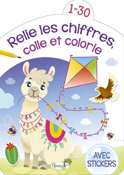 RELIE LES CHIFFRES, COLLE ET COLORIE DE 1 A 30 (LAMA)